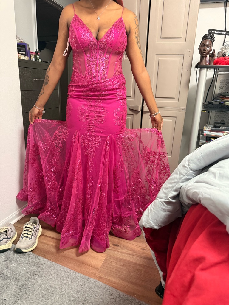 Jovani Fuchsia Beaded Lace Mermaid Gown With Spaghetti Straps
